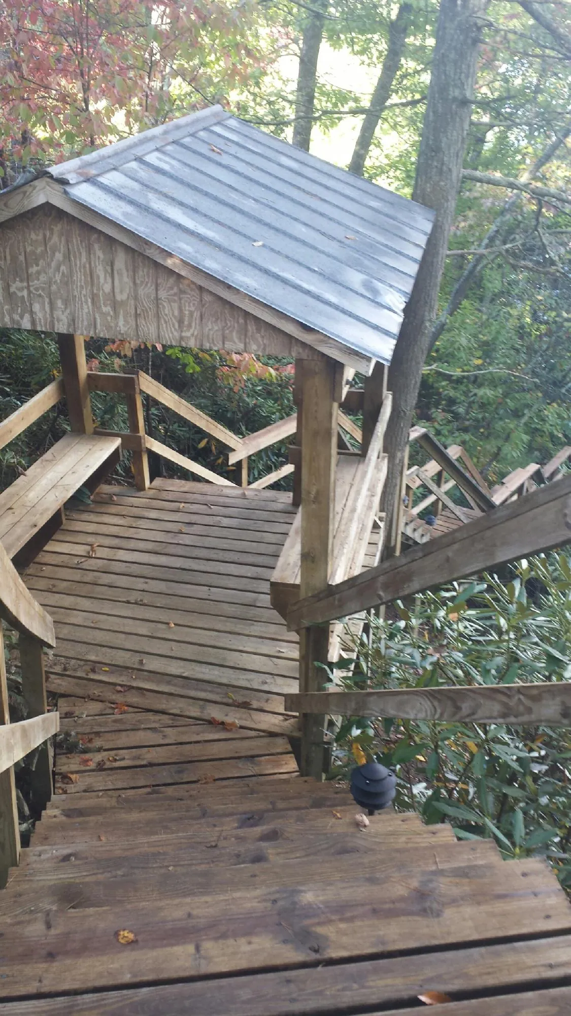 Metal roofed shelter over wooden steps on a wooded walkway — Skylight Repair & Installation work by our crew in Sycamore